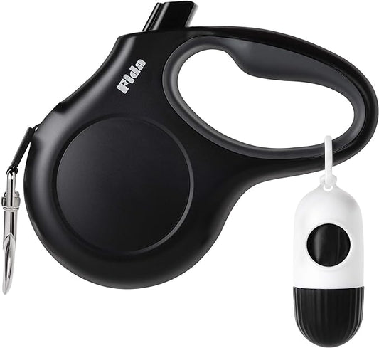 Fida Retractable Dog Leash with Dispenser and Poop Bags, 10 ft Pet Walking Leash for X-Small Dog or Cat up to 18 lbs, Anti-Slip Handle, Tangle Free, Reflective Nylon Tape (XS, Black)