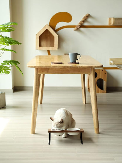 FUKUMARU Elevated Cat Ceramic Bowls, Small Dog 15° Tilted Raised Food Feeding Dishes, Solid Walnut Water Stand Feeder Set for Cats and Puppy
