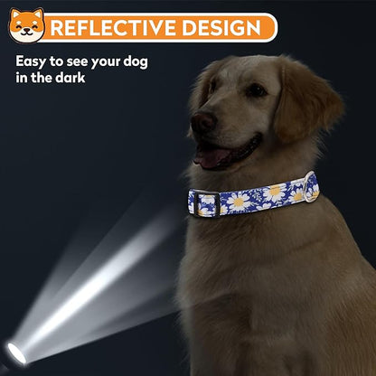 Reflective Dog Collar, Adjustable Soft Neoprene Padded Nylon Pet Collars with Buckle for Puppy and Small Dogs, Cats, Small Daisies Blue,L