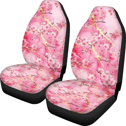 Cherry Blossom Car Front Seat Covers 2 PCS Pink Marble Print Vehicle Seat Cover Fit Most Cars, Sedan, SUV, Van Universal Automotive Accessory Decor