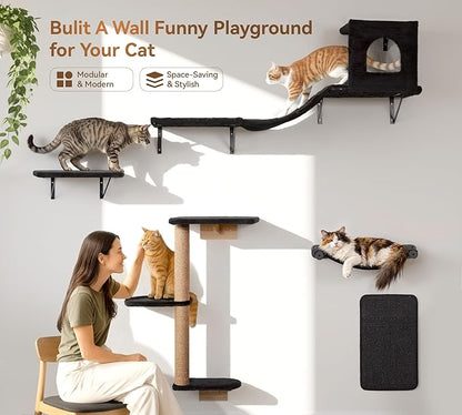 Wall Mounted Cat Furniture Combo of 5, 5 in 1 Cat Shelves with Hammock, Bridge, Climbing Tree, Scratcher & Perch – Indoor Wall Cat Playground for Large Cats, Holds Up to 30 lbs,