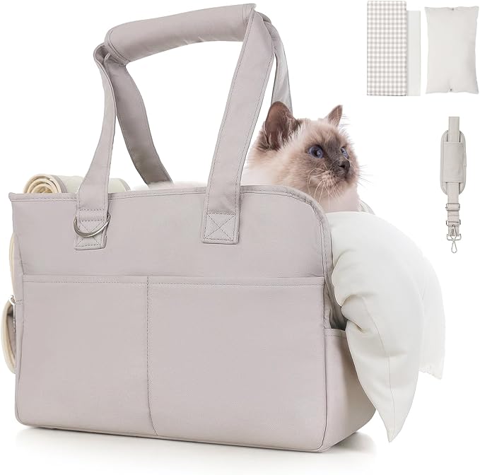 Dog Purse Carrier for Small Dogs & Puppies Up 10 Lbs, Soft Cotton Tote Pet Shoulder Bag with Pockets, Foldable & Washable Breathable Puppy Carrier for Yorkie, Chihuahua & Cats - Gray
