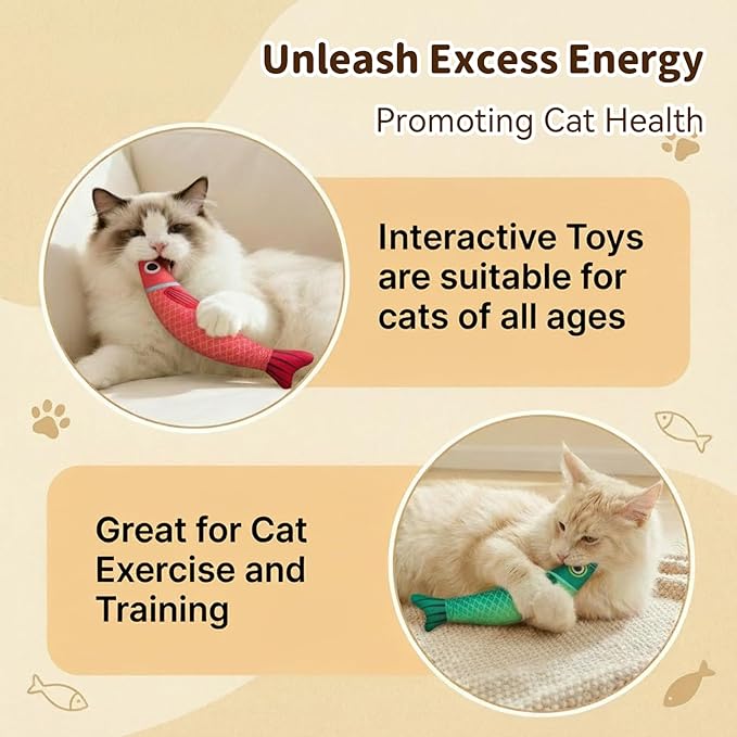 Cat Toys for Indoor Cats with 5000mg Natural Catnip Interactive Kicker Fish Toy of Crinkle Bell Sound Adult Cat Kittens Teeth Cleaning Easter Gifts Red Green