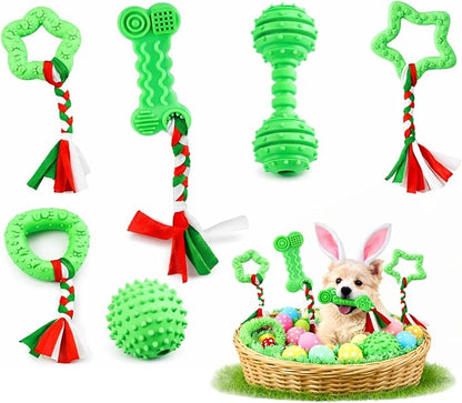 Puppy Chew Toys, 6 Pcs Teething for Small Breed, Soft Rubber Cute Green Dog Toys, Eco-Friendly, Teeth Cleaning, Interactive Tiny Toys for Small Dog,(Basket not Included)