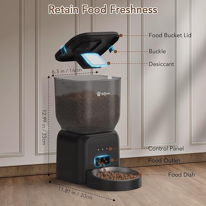 Remote Controlled Automatic Dog & Cat Feeder, APP Controlled,with Freshness Preservation, Timed Cat Feeder with Stainless Steel Bowl. 4L Capacity Up to 6 Meals Per Day and 1-15 Portion for Cats & Dog