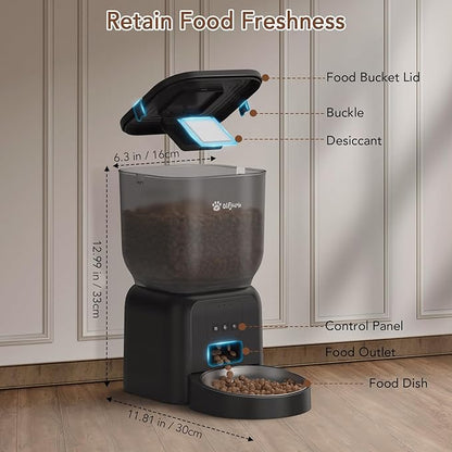Remote Controlled Automatic Dog & Cat Feeder, APP Controlled,with Freshness Preservation, Timed Cat Feeder with Stainless Steel Bowl. 4L Capacity Up to 6 Meals Per Day and 1-15 Portion for Cats & Dog