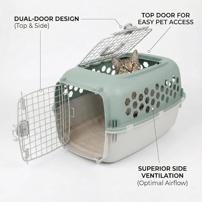 Hard-Sided Pet Carrier for Dogs and Cats | 24-Inch Top-Load Travel Kennel with Double Door Entry | Heavy-Duty Plastic Crate for Vet Visits & House Training, Green/Gray, Up to 30 lbs Capacity