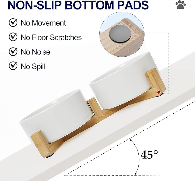 Dog Food Bowl, 28.7 oz Ceramic Modern Design, Dog Water and Food Bowl with Wood Stand, for Puppy & Cat, Non-Slip Feeding Station with Weighted Base, White