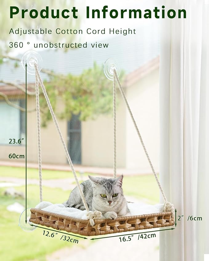 Cat Window Perch 2 Pack,Cat Window Hammock Bed for Indoor Cats,Large Handwoven PE Rattan Window Seat,4 Suction Cups,Double Sided Washable Cushion Bed,2.3 Inch Fence Shelf, Pet Kittens Natural