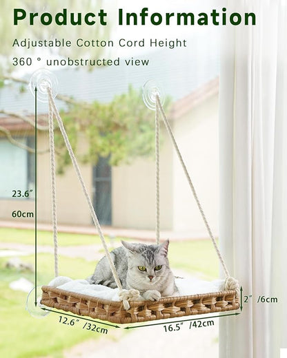 Cat Window Perch 2 Pack,Cat Window Hammock Bed for Indoor Cats,Large Handwoven PE Rattan Window Seat,4 Suction Cups,Double Sided Washable Cushion Bed,2.3 Inch Fence Shelf, Pet Kittens Natural
