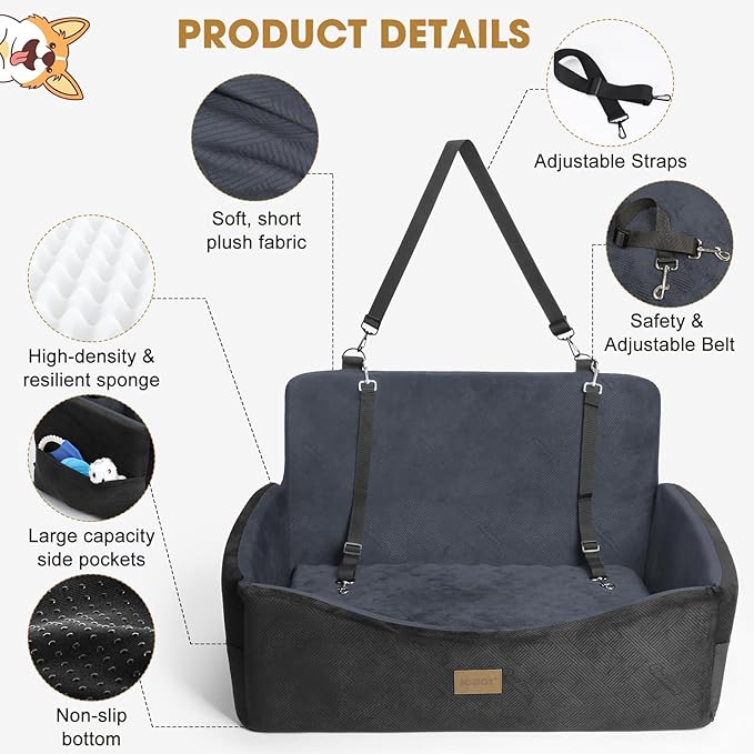 Dog Car Seat for Large Medium Sized Dogs Under 55 lbs, Dog Booster Seat for 2 Small Dogs with Detachable Washable Cover and Cushion, Memory Foam Pet Car Seat with 2 Safety Belts and Storage Pockets