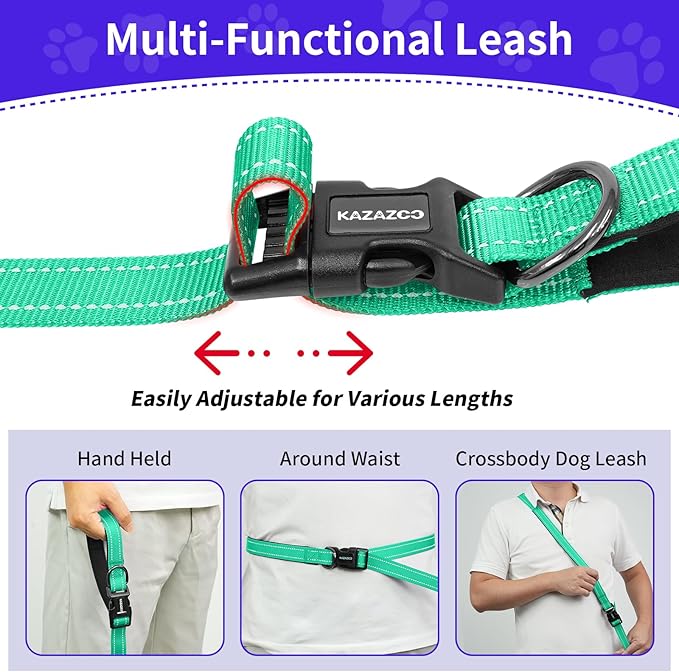 Kazazoo Hands-Free Dog Leash with Adjustable Length 6-9FT + Dual Padded Handles Reflective Safety for Walking, Jogging & Training | Suitable for Medium to Large Dogs & Puppies Green-L