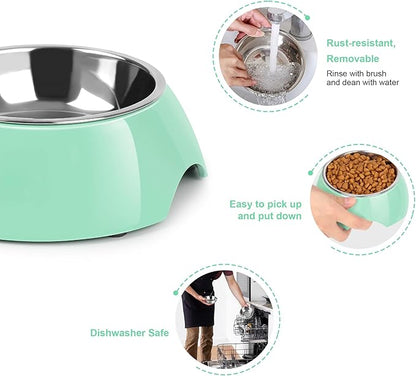 Elevated Dog Bowls Set - Non-Slip Raised Pet Feeder with Medium (2 Cups) & Large (4 Cups) Stainless Steel Bowls - Includes Durable Resin Stand for Corgi Puppies and Adult Cats - Green