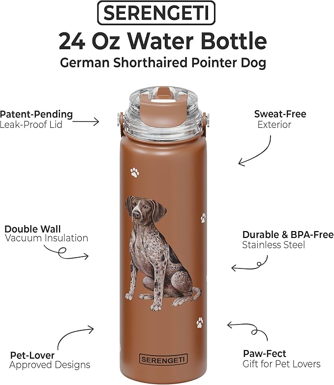E&S Pets SERENGETI 24 Oz Water Bottle Stainless Steel with Spill Proof Lid - Double walled Vacuum Insulated water flask - Realistic 3D Print of your favorite dog (German Shorthaired)