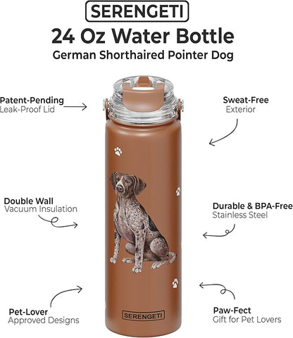 E&S Pets SERENGETI 24 Oz Water Bottle Stainless Steel with Spill Proof Lid - Double walled Vacuum Insulated water flask - Realistic 3D Print of your favorite dog (German Shorthaired)