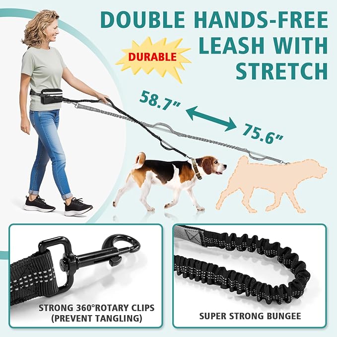 Hands Free Dog Leash for 2 Dogs with Safety Lock and Extra-Thick Waist Belt, Waist Leash for Dog Walking Running, Double Retractable Dog Leashes for Two Dogs with Double Padded Handles, Black
