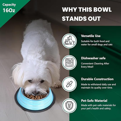 Iconic Pet Color Splash Stripe Non-Skid Stainless Steel Dog & Cat Bowl - Blue, 16 Oz, 2 Cup, Durable, Easy to Clean, Anti-Slip Feeding Dish for Food & Water, Stylish Design for Dogs and Cats