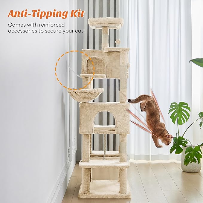 DUMOS Large 66 Inch Cat Tree Tower, Tall Multi Level Cat Climbing Tower with Natural Sisal Scratching Posts, Hammock, Pet Condo for Indoor Cats and Kittens Play, Beige