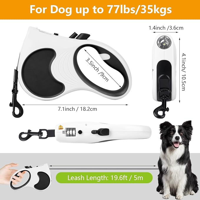 Retractable Dog Leash with Flashlight, 16ft Dog Walking Leash for Dogs up to 77lbs, 360° Tangle-Free Nylonup Leash, Anti-Slip Handle -White