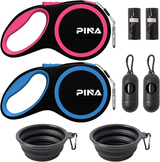 PINA Retractable Dog Leash, 26ft Dog Leash for Small Medium Large Dogs Up to 110lbs, 360° Tangle-Free Strong Reflective Nylon Tape, with Anti-Slip Handle, One-Handed Brake, Lock - 2PACK