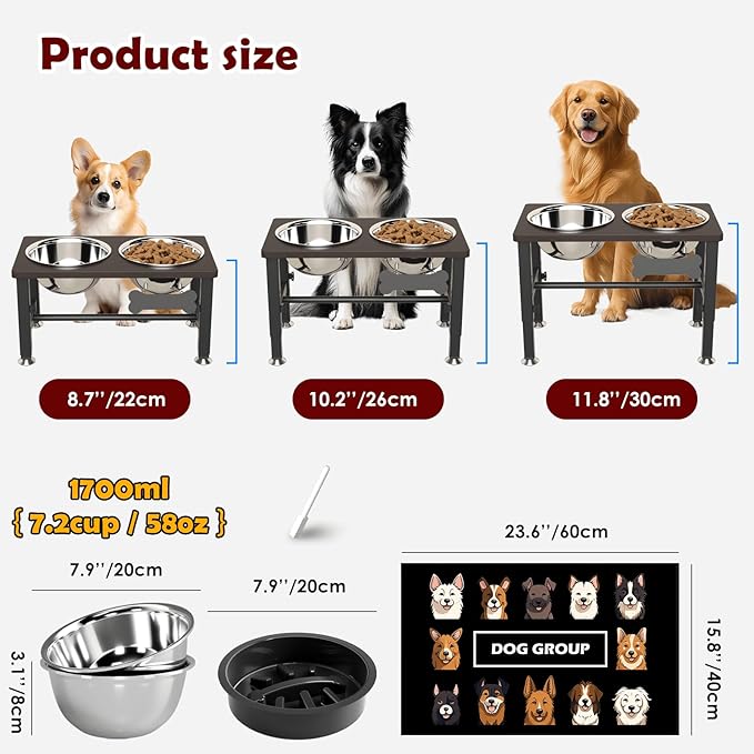 SHAINFUN Elevated Dog Bowls with Slow Feeder & Mat for Medium and Large Dogs, 12" Tall Adjustable Wooden & Metal Raised Dog Bowl Stand, 2 Stainless Steel 58oz Bowls for Food & Water