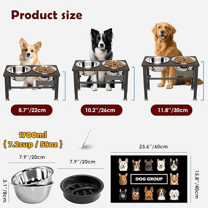 SHAINFUN Elevated Dog Bowls with Slow Feeder & Mat for Medium and Large Dogs, 12" Tall Adjustable Wooden & Metal Raised Dog Bowl Stand, 2 Stainless Steel 58oz Bowls for Food & Water