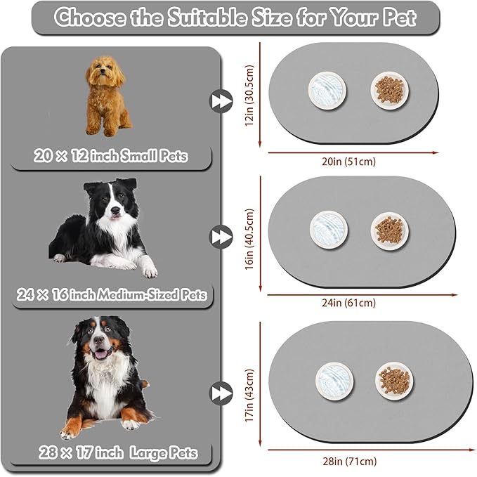 Dog Food Mat 20''x12'', Small Pet Feeding Mat, Non-Slip Rubber Pet Food Mat, Absorbent Cat Dog Water Bowl Mat for Messy Drinkers, Dogs Bowl Placemat for Food and Water, Light Gray
