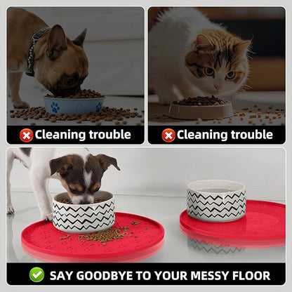 Comtim Waterproof Dog Food Mat - 2 Pack Silicone Pet Food Mat Dog Food Bowl Mats Cat Water Mats Eating Tray, Non-Slip Pet Placemat with Lip for Messy Drinkers to Protect Floor, Red 11"×11"
