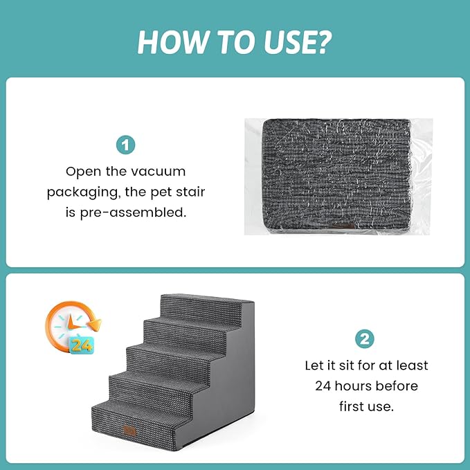 Dog Stairs for Small Dogs 5-Step, 19.7" Extra Wide Right-Angle Pet Stairs for Couch and Beds, Anti-Slip Dog Steps for Old Cats and Lowrider, 19.7x29.5x23.6 inch, Dark Grey