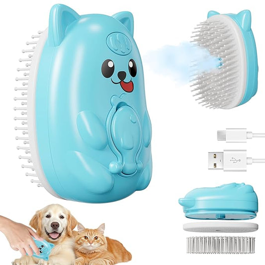 3 in 1 Cat Steam Brush for Shedding, Pet Steam brush for Dog & Cat Shedding & Grooming, for Long & Short Haired Pets, Spritz Defur Comb (sky blue)