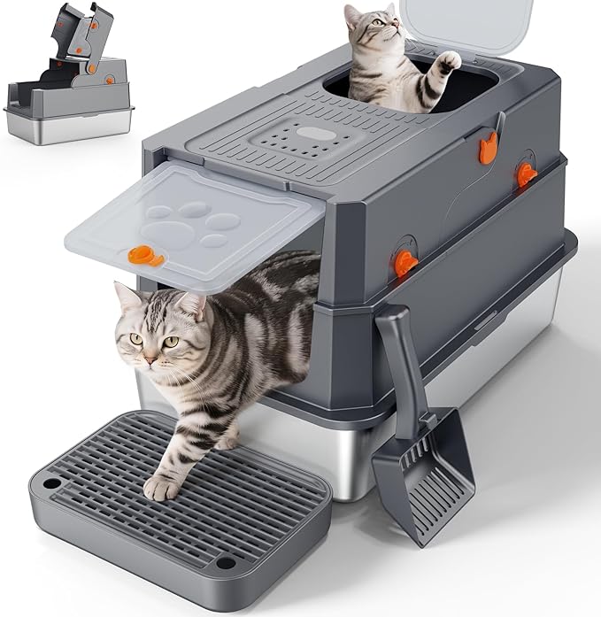 FURTIME Stainless Steel Litter Box with Lid, Large Enclosed Cat Litter Box for Big Cats, Metal Cat Box with High Sided Enclosure & Scoop, Front & Top Entry, Odor Free, Anti-Leakage, Grey