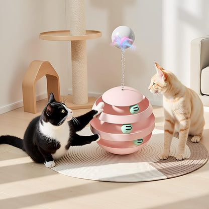 Interactive Cat Toy for Indoor Cats, 3-Layer Ball Track with Tumbler Base & Feather, Self-Play Kitten Toy to Reduce Boredom & Anxiety, Durable Interactive Pet Toy for Kittens and Adult Cats (pink)