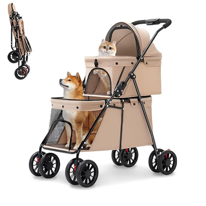 Double Pet Stroller for Medium Small Dogs and Cats with 2 Carriage, Durable Universal Wheels with Brakes Lightweight One Hand Foldale Kittens Puppies Travel Strolling Cart (Brown)