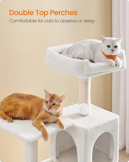 Feandrea Cat Tree, 55.1-Inch Cat Tower, Plush Multi-Level Condo with 4 Scratching Posts, 2 Perches, Hammock, Cave, Cream White UPCT161T01