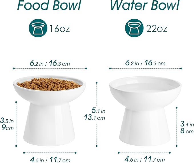 vancasso Elevated Cat Bowls 2-Pack, Ceramic Raised Cat Food and Water Dishes with 5.1" Height & 6.2" Wide Opening - Anti Vomit, Whisker Fatigue Relief for Senior Cats, and Small Dogs (White)