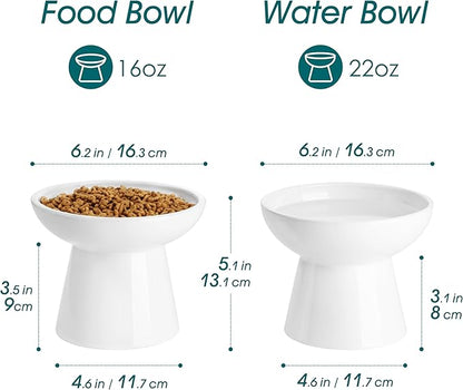vancasso Elevated Cat Bowls 2-Pack, Ceramic Raised Cat Food and Water Dishes with 5.1" Height & 6.2" Wide Opening - Anti Vomit, Whisker Fatigue Relief for Senior Cats, and Small Dogs (White)
