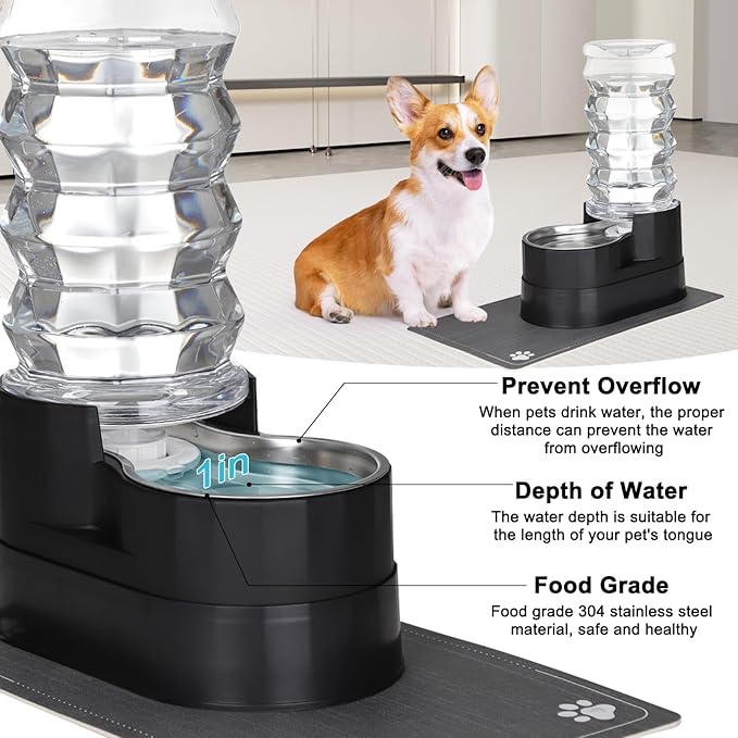 RIZZARI Gravity Water Dispenser for Dogs: 8L Raised Black Automatic Stainless Steel Waterer -Removes Odors -Softens Water -Helps Prevent Urinary Stones -Good for Spine - Senior Dogs- for Bedrooms