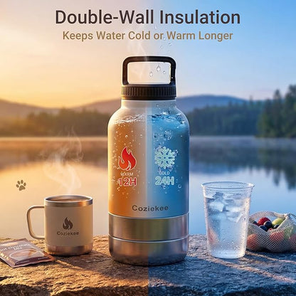 3-in-1 Dog Water Bottle Portable, 32oz Insulated Stainless Steel Pet Water Dispenser with 2 Detachable Travel Dog Bowls for Water & Food, Leak-Proof Puppy Water Bottle for Hiking, Walking (White)