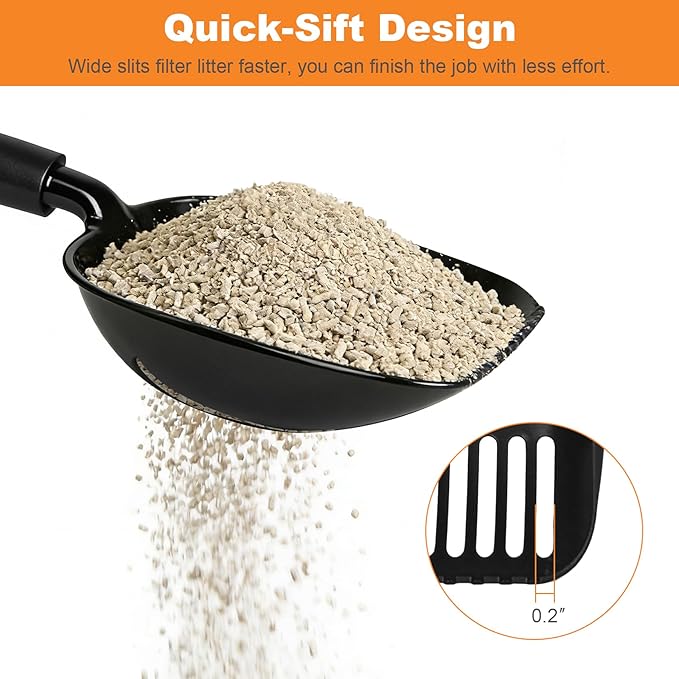 Cat Litter Scoop, Metal Litter Scooper with Detachable Long Handle, Cat Litter Sifter with Deep Shovel, Wide Slits for Easy Cleaning, Large Cat Poop Scooper Includes Hook