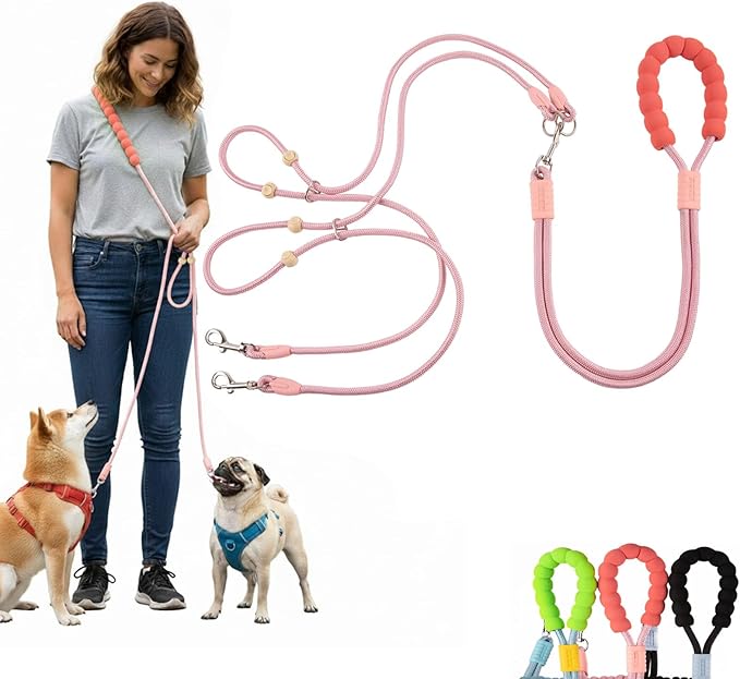 Hands Free Dog Leash, Double Leash for 2 Dogs, Crossbody Wear with Adjustable Length Split Leads and Padded Handles
