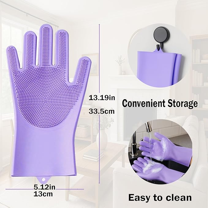 Pet Grooming Gloves, bite-Resistant pet Bathing Gloves with Non-Slip Particles, Suitable for Wet and Dry use, for All Ages. Ideal as a Grooming Brush Glove for Dogs and Cats. Purple 1 Pak.