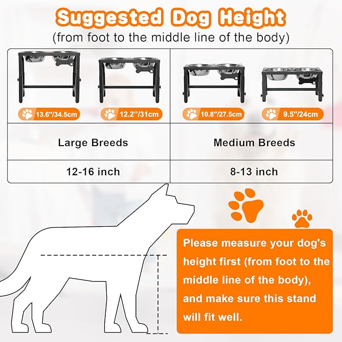 Elevated Dog Bowls, 4 Height Adjustable Metal Raised Bowl Stand with 2 Thick Stainless Steel Food Bowls & Spill-Proof Mat, Adjusts to 13.6'', 12.2'', 10.9'', 9.5'' for Large/Medium Breeds