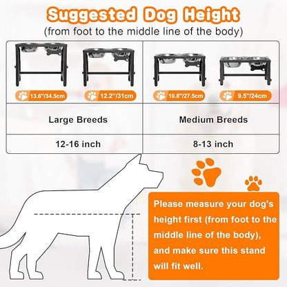 Elevated Dog Bowls, 4 Height Adjustable Metal Raised Bowl Stand with 2 Thick Stainless Steel Food Bowls & Spill-Proof Mat, Adjusts to 13.6'', 12.2'', 10.9'', 9.5'' for Large/Medium Breeds