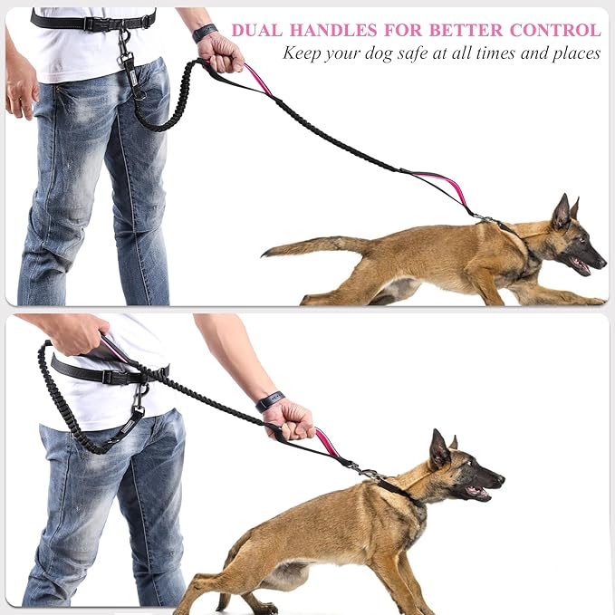 VIVAGLORY Hands Free Dog Leash Bungeetwin Running Dog Leash with Waist Belt for Running Walking & Jogging, Bungee & Around Waist for Pet, M, Black/Pink