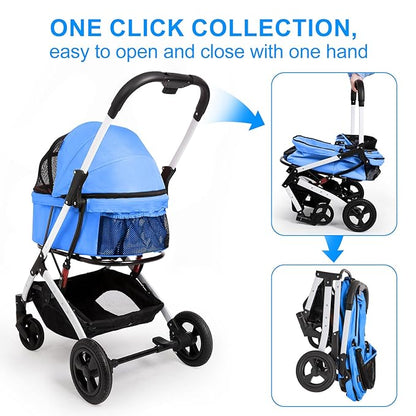 Pet Stroller for Medium Small Dog & Cat, Foldable Lightweight Dog Stroller with Storage Basket Pet Travel Carriage with Safety Leashes, 4 Wheel, Blue