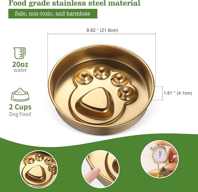 Golden Stainless Steel Slow Feeder Dog Bowls – Non-Slip Metal Dog Bowl for Large & Medium Breeds, Puppy Puzzle Feeder – 2 Cup Capacity for Small to Big Pets – Durable Slow Feed (Paw-Golden)