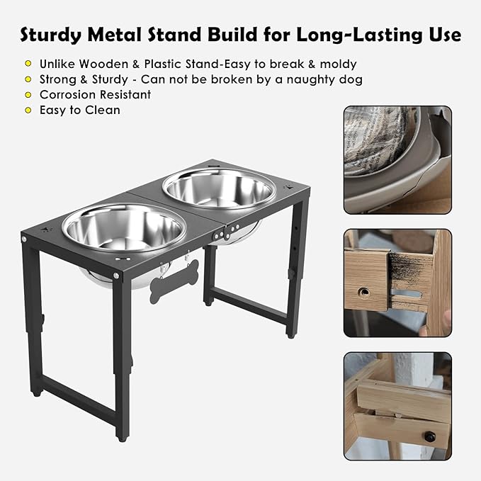 Adjustable Height Elevated Dog Bowls Stand, 2 x 58oz Stainless Steel Raised Dog Food & Water Bowls Holder for Medium, Large, Tall Dogs, Black