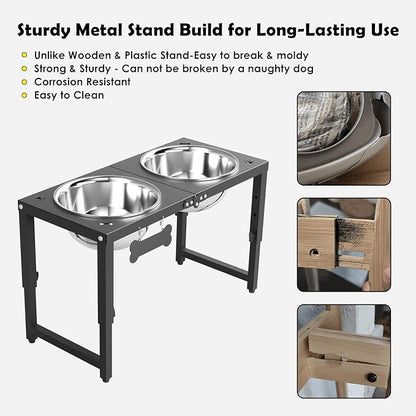 Adjustable Height Elevated Dog Bowls Stand, 2 x 58oz Stainless Steel Raised Dog Food & Water Bowls Holder for Medium, Large, Tall Dogs, Black