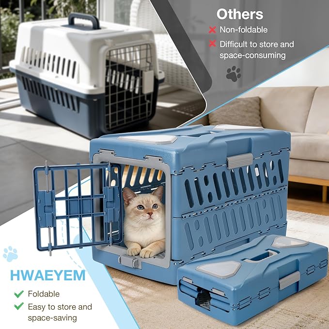 Pet Carrier for Cats & Small Dogs, Foldable & Durable Hard Cat Carrier Plastic, 2-Door 360° Ventilation Clear Top Pet Travel Kennel Crate for Longer Traveling Upto 22Lbs (22.0" L x 13.0" W x 14.6" H)