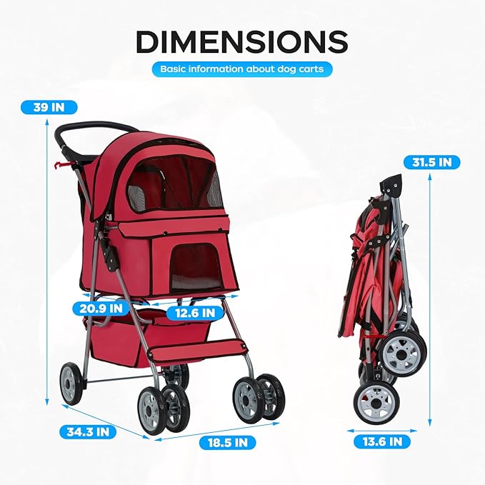 BestOffice Pet Stroller for Small Medium Dogs & Cats, 4-Wheel Foldable Dog Stroller with Cup Holder, Lightweight Travel Carrier, Waterproof Design for Outdoor Walks, Red
